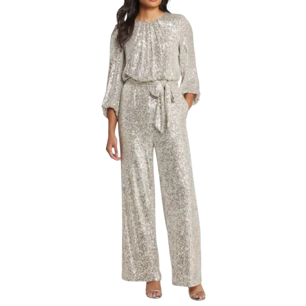 Vince Camuto Sequin Wide Leg Jumpsuit Champagne Silver Glam Size 14 Party